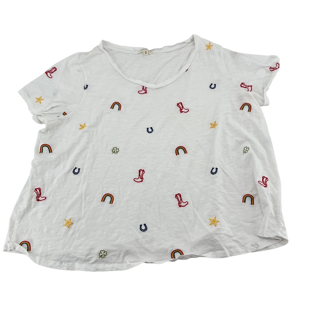 Lucky‎ Brand Womens 3X White Cotton Western Embroidered Rainbow Boot T-Shirt